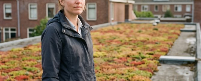 Bouwadviseur op een plat dak met sedum kijkt uit over Nederlandse daken, op zoek naar kansen voor biobased bouwproducten bij renovatie