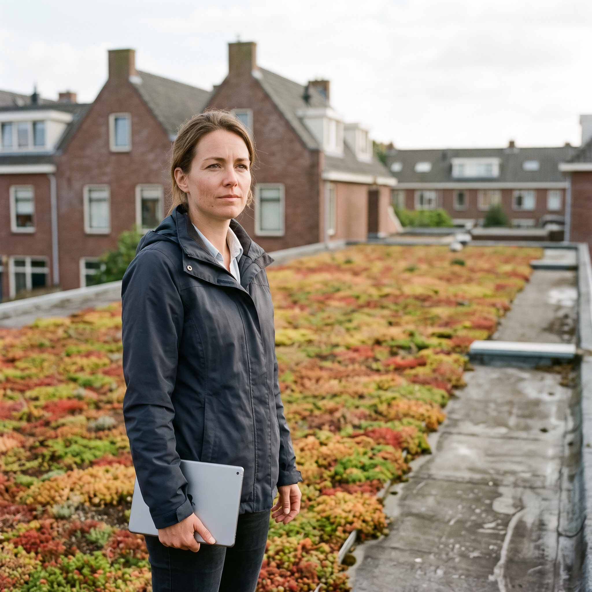 Bouwadviseur op een plat dak met sedum kijkt uit over Nederlandse daken, op zoek naar kansen voor biobased bouwproducten bij renovatie